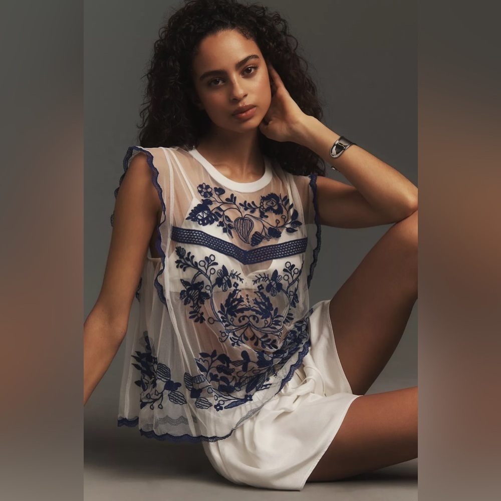 NWT By Anthropologie Embroidered Ruffle Muscle Tee - Picture 4 of 5